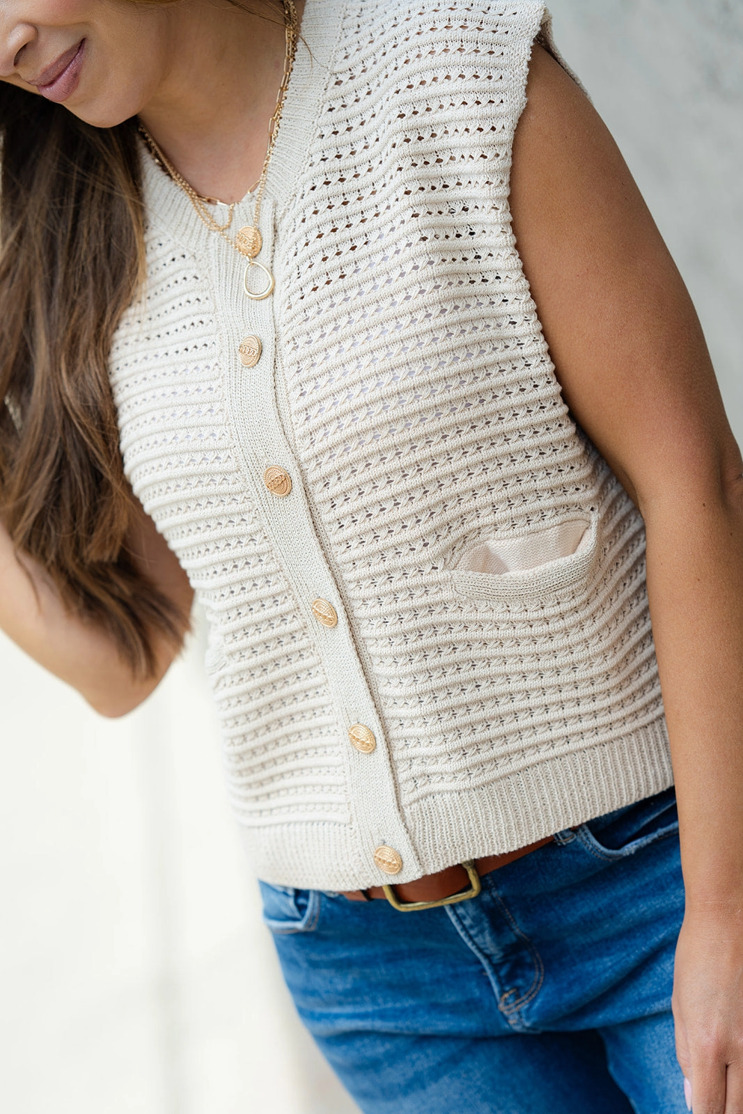 Detailed Button Open Weave Knit Tank Everyday Layers