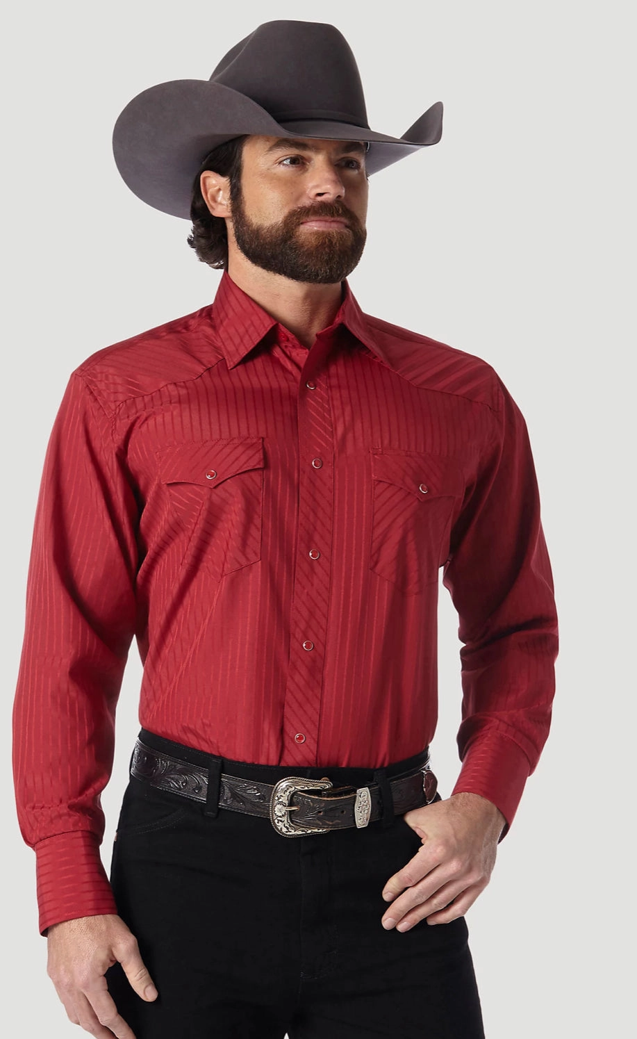 Wrangler Men??s Dobby Snap Shirt-Wine Quality Look Chic Ensemble