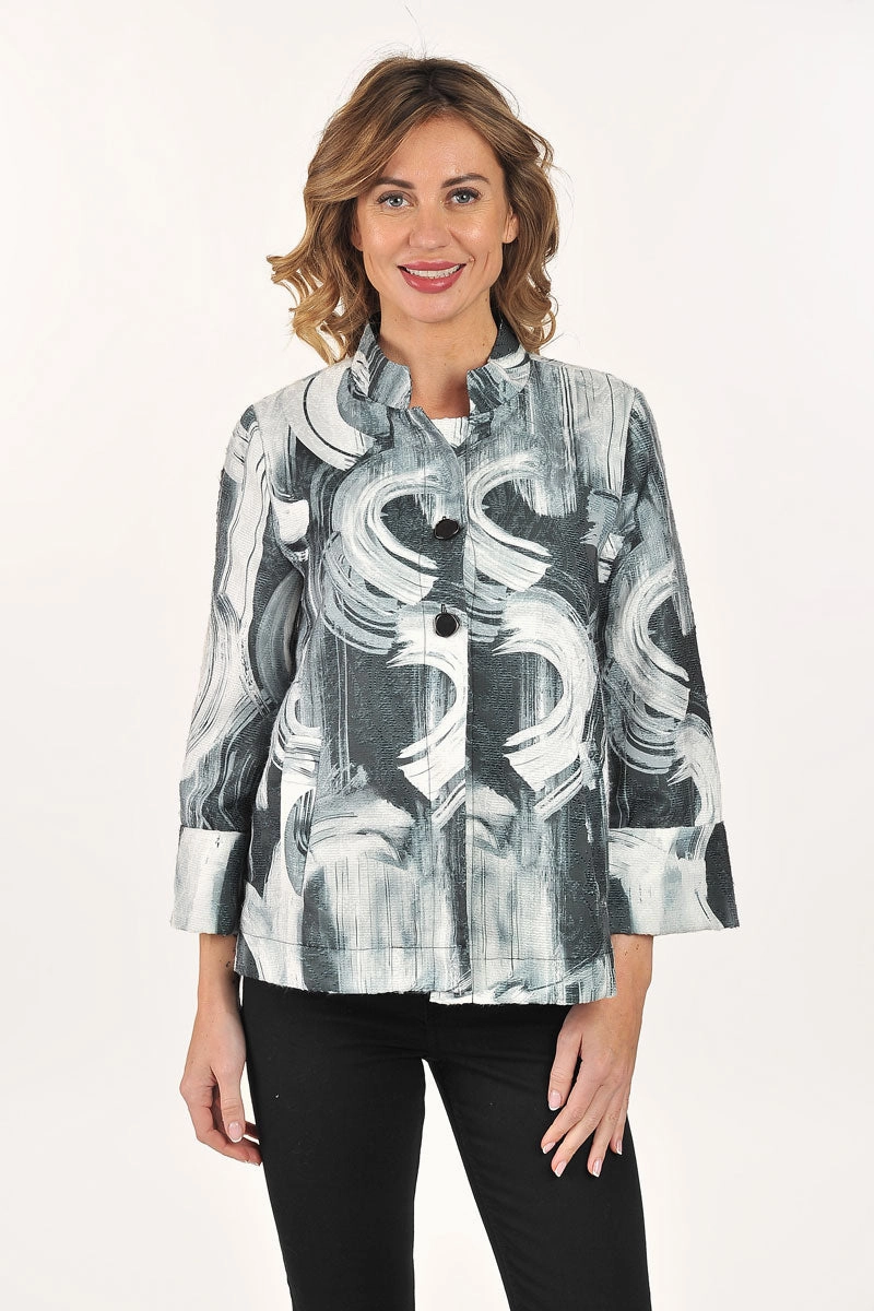 Lemon Grass A-line Brocade Jacket Vegan Leather Accents