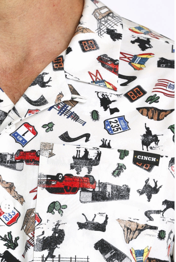 Soft Touch Smooth Finish Cinch Men's White Rodeo Print Camp Shirt