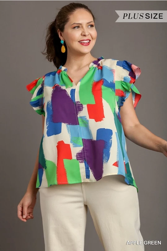 Blush Stroke Print Boxy Cut V-Neck Top with Flutter Sleeves Water resistant coating Layered Hemline