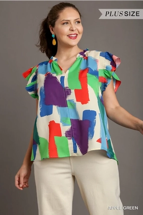 Blush Stroke Print Boxy Cut V-Neck Top with Flutter Sleeves Water resistant coating Layered Hemline