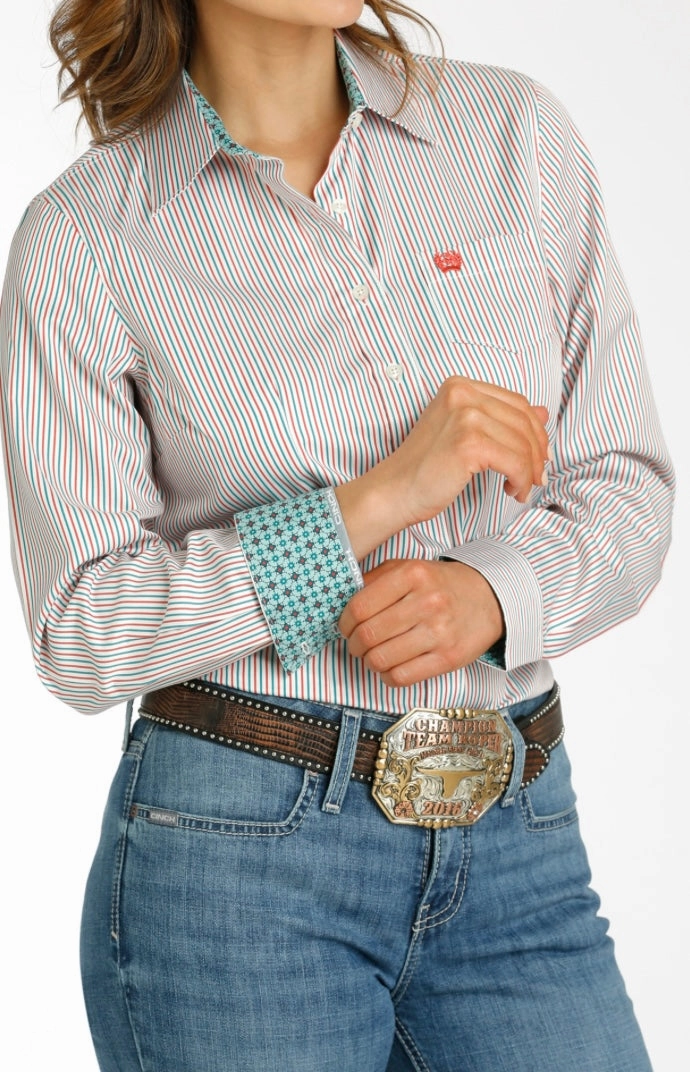 Cinch Women's Red & Teal Striped Tencel Shirt Stretchable Knit WrinkleFree Weave