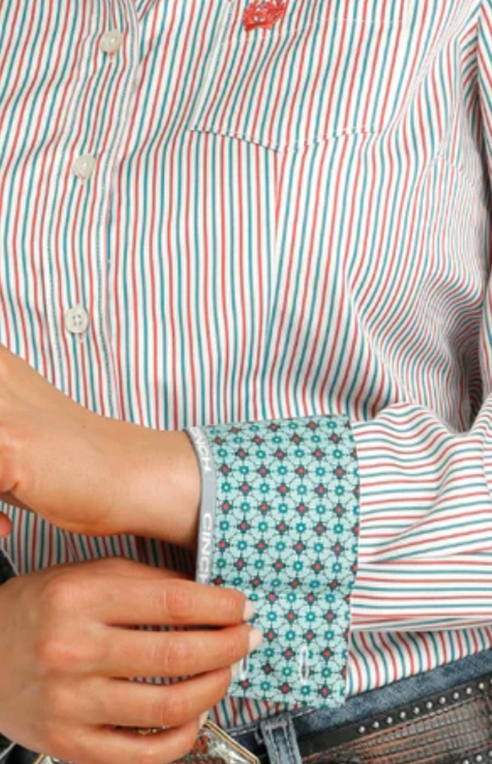 Classic Crewneck Design Ventilated Panel Design Cinch Women's Red & Teal Striped Tencel Shirt