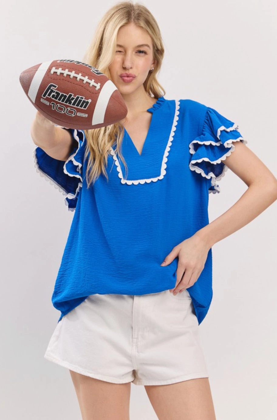 Game Day Ruffle Sleeve Scallop Trim Top Fashion Blouse