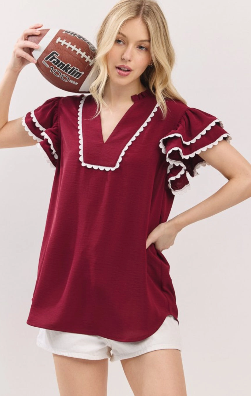 Game Day Ruffle Sleeve Scallop Trim Top ZeroWasteProduction MultipanelLayout