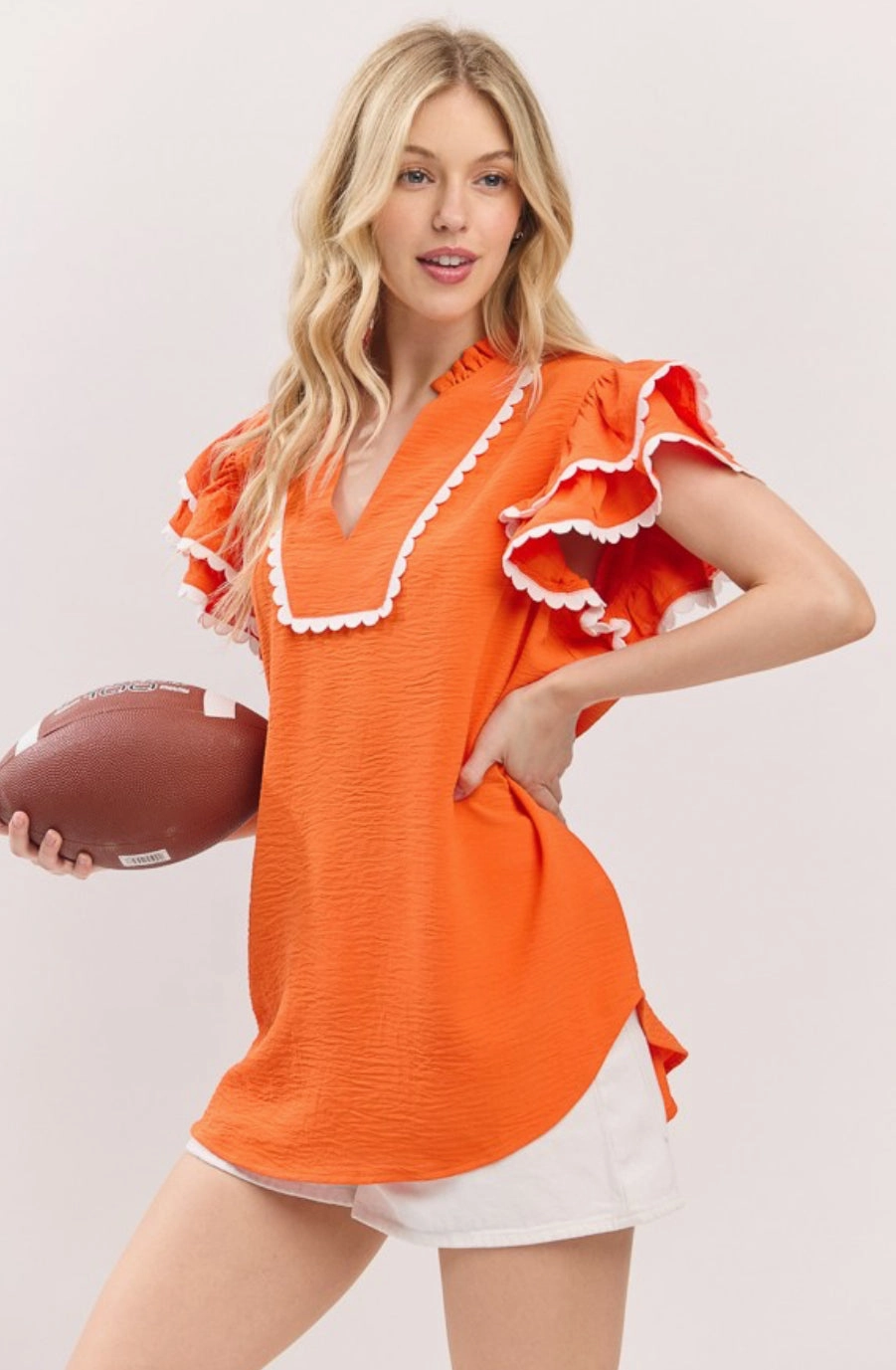 Formal Blouse Game Day Ruffle Sleeve Scallop Trim Top