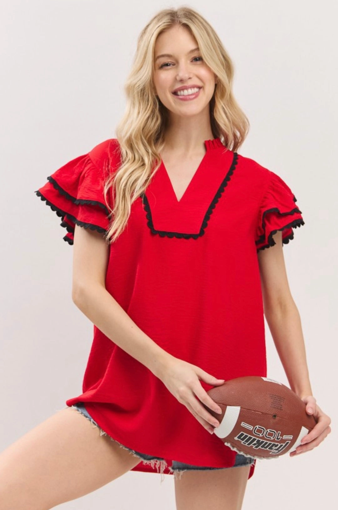 Game Day Ruffle Sleeve Scallop Trim Top FrenchTerry