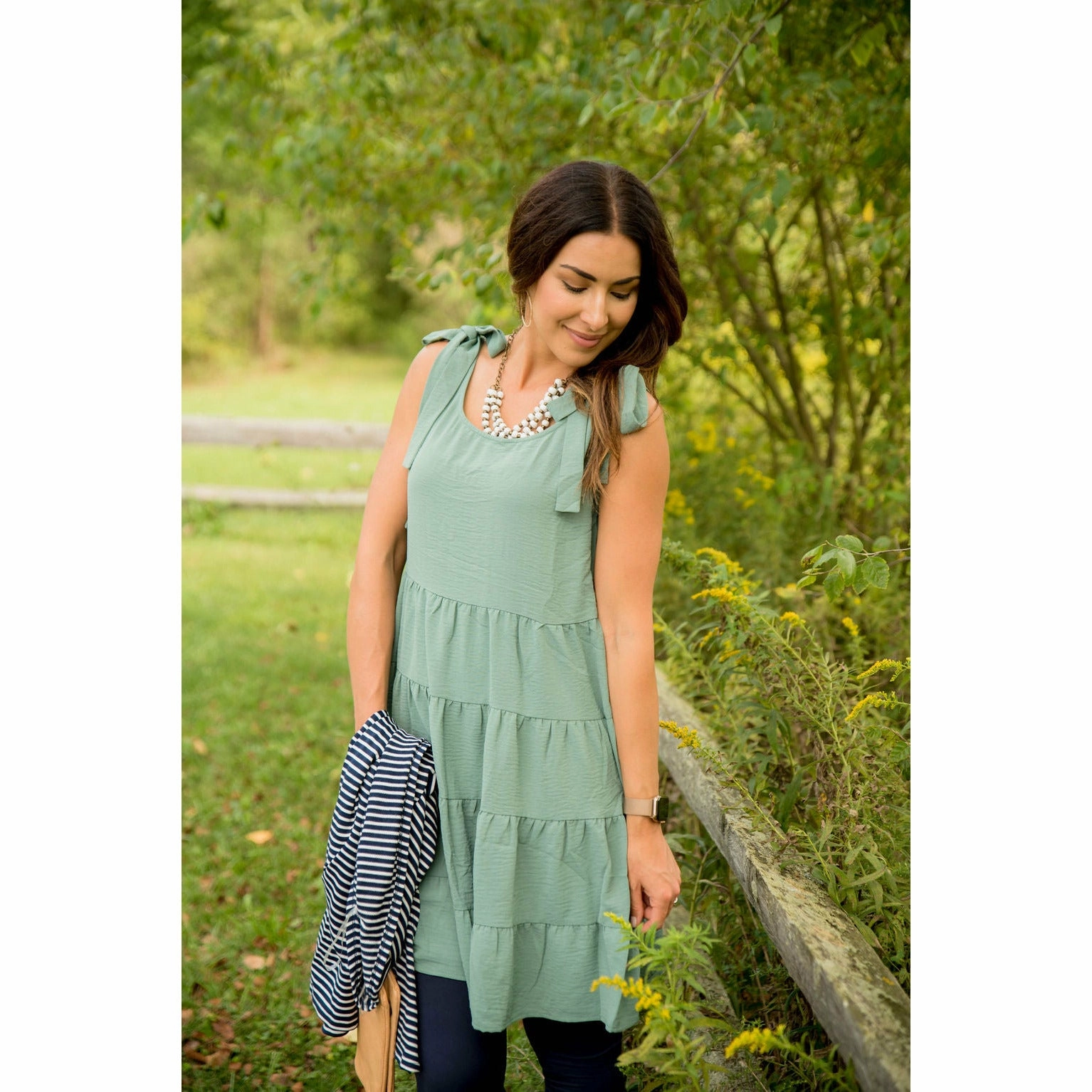 Tie Strap Tiered Dress Casual Look Natural Texture
