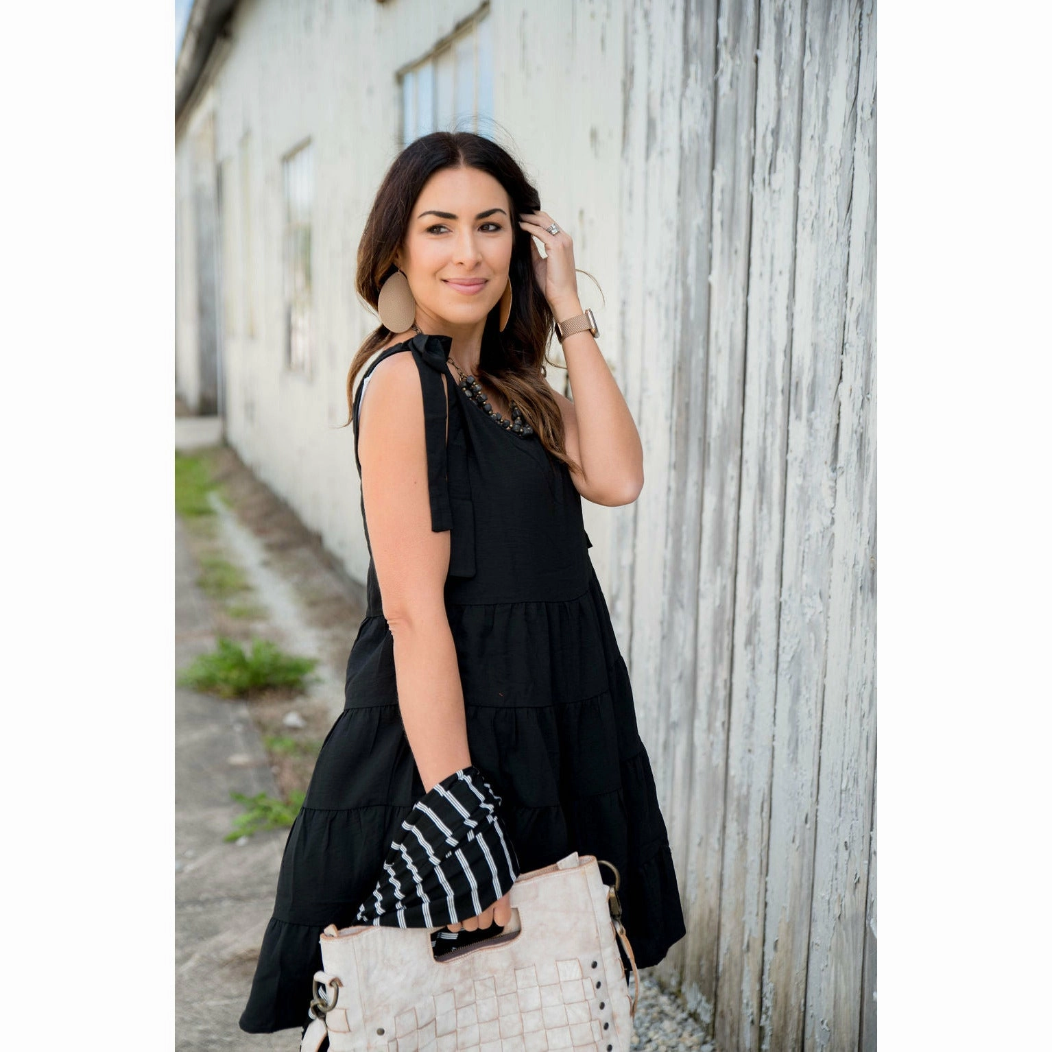 Tie Strap Tiered Dress Side Pleats Layered Comfort Wear