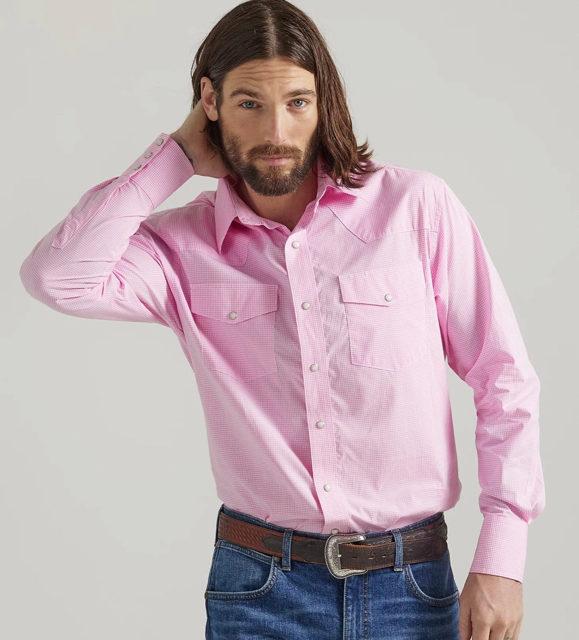 Wrangler Men's Bucking Cancer Snap Shirt-Fuschia Pink Relaxed Silhouette