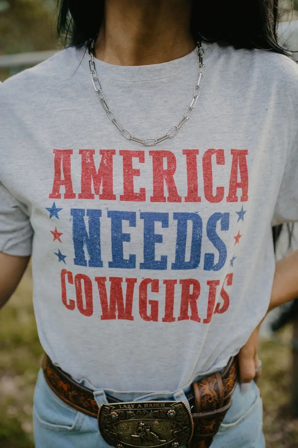 Micro Perforated Fabric America Needs Cowgirls Tee