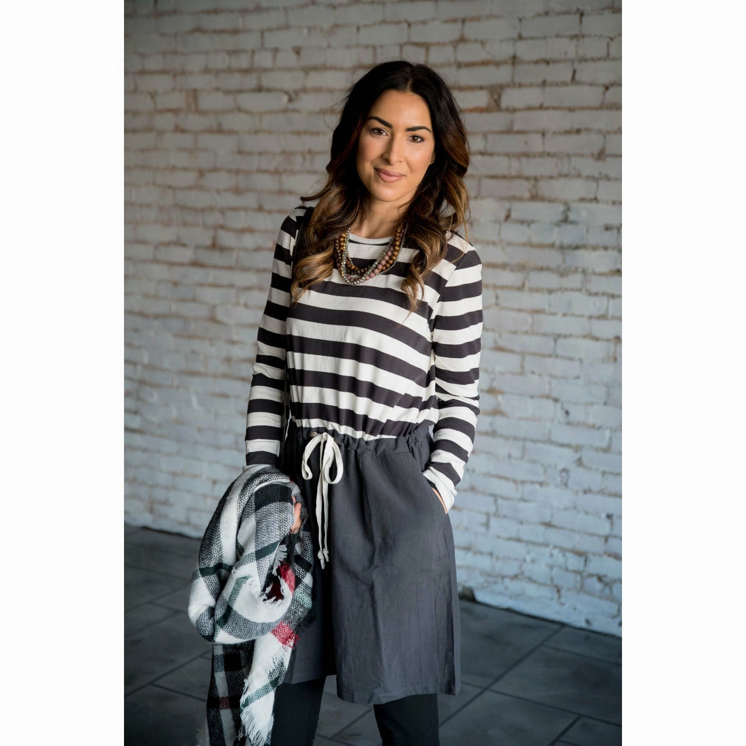 Striped Top Solid Bottom Long Sleeve Tie Dress Quick Drying