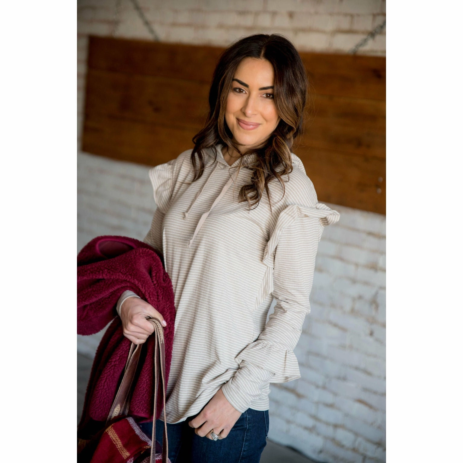 product rough ruggedness Ruffle Sleeve Striped Hoodie