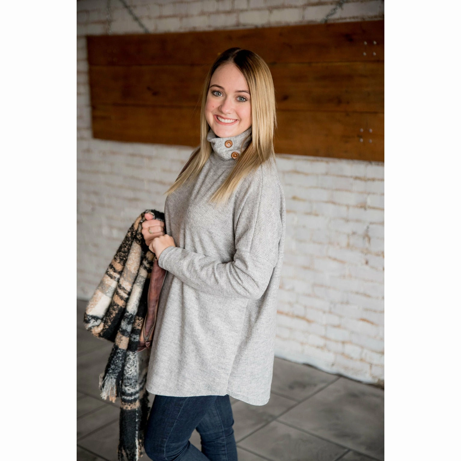 Plush Interior Side Button Knit Cowl Neck