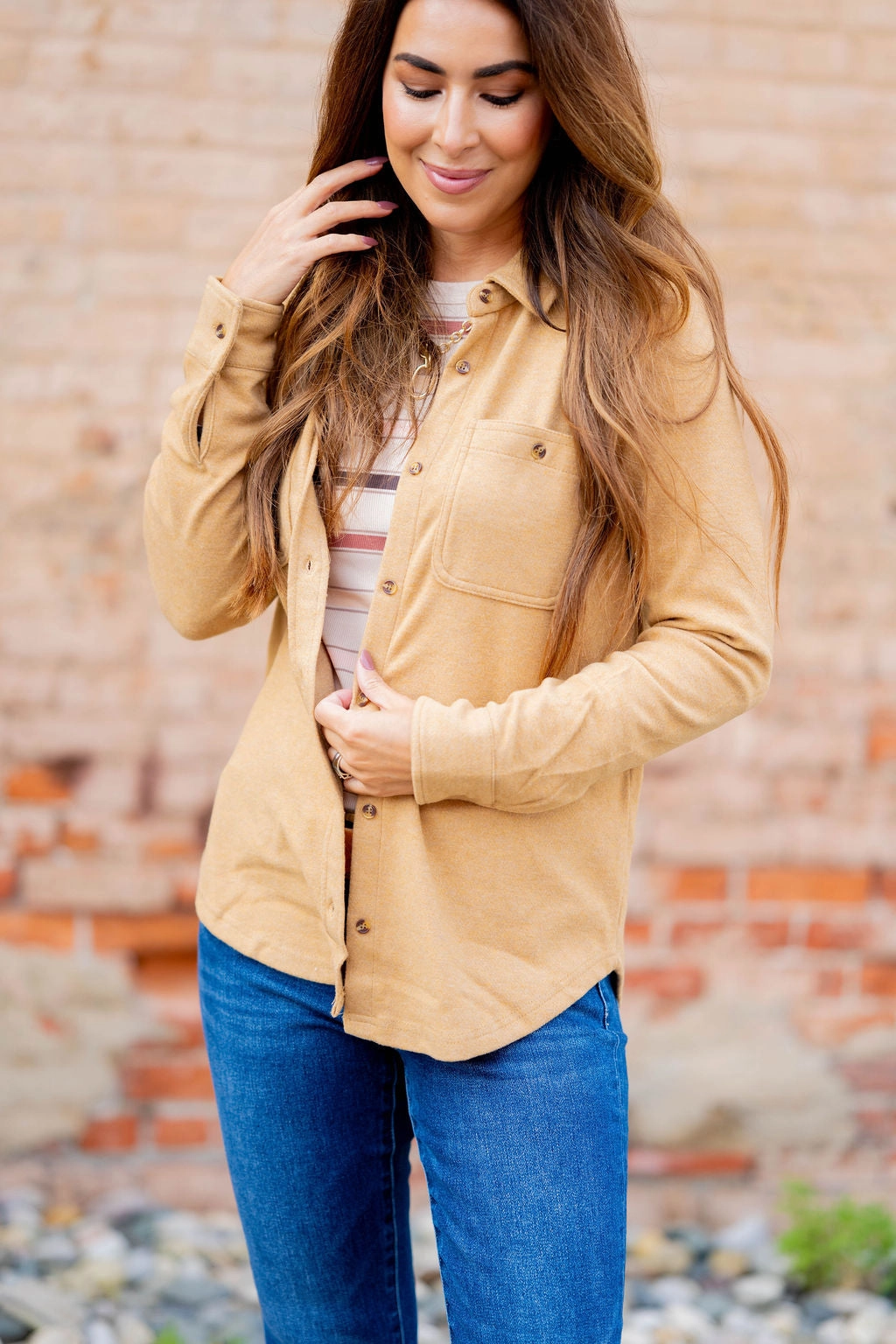 Everyday Ease Button-Up Shacket High Collar Design Recycled Polyester Blend