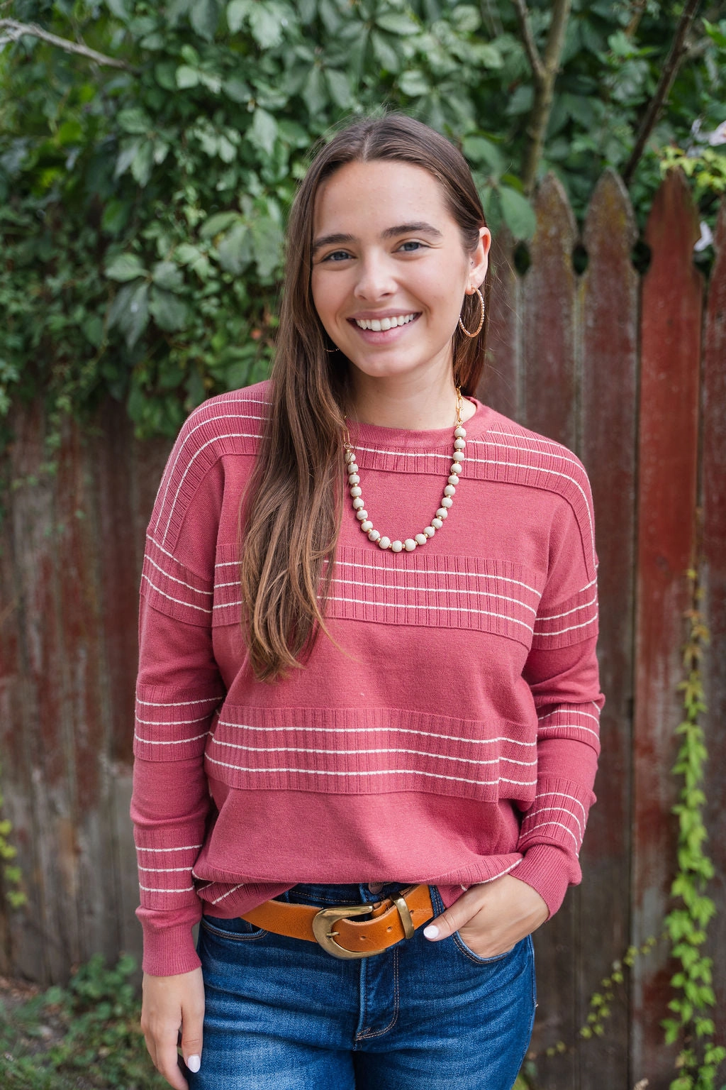 Striped Rib Accented Sweater Reinforced Edging