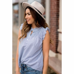 Vertical Striped Button Accented Ruffle Tank LowMaintenanceFabric