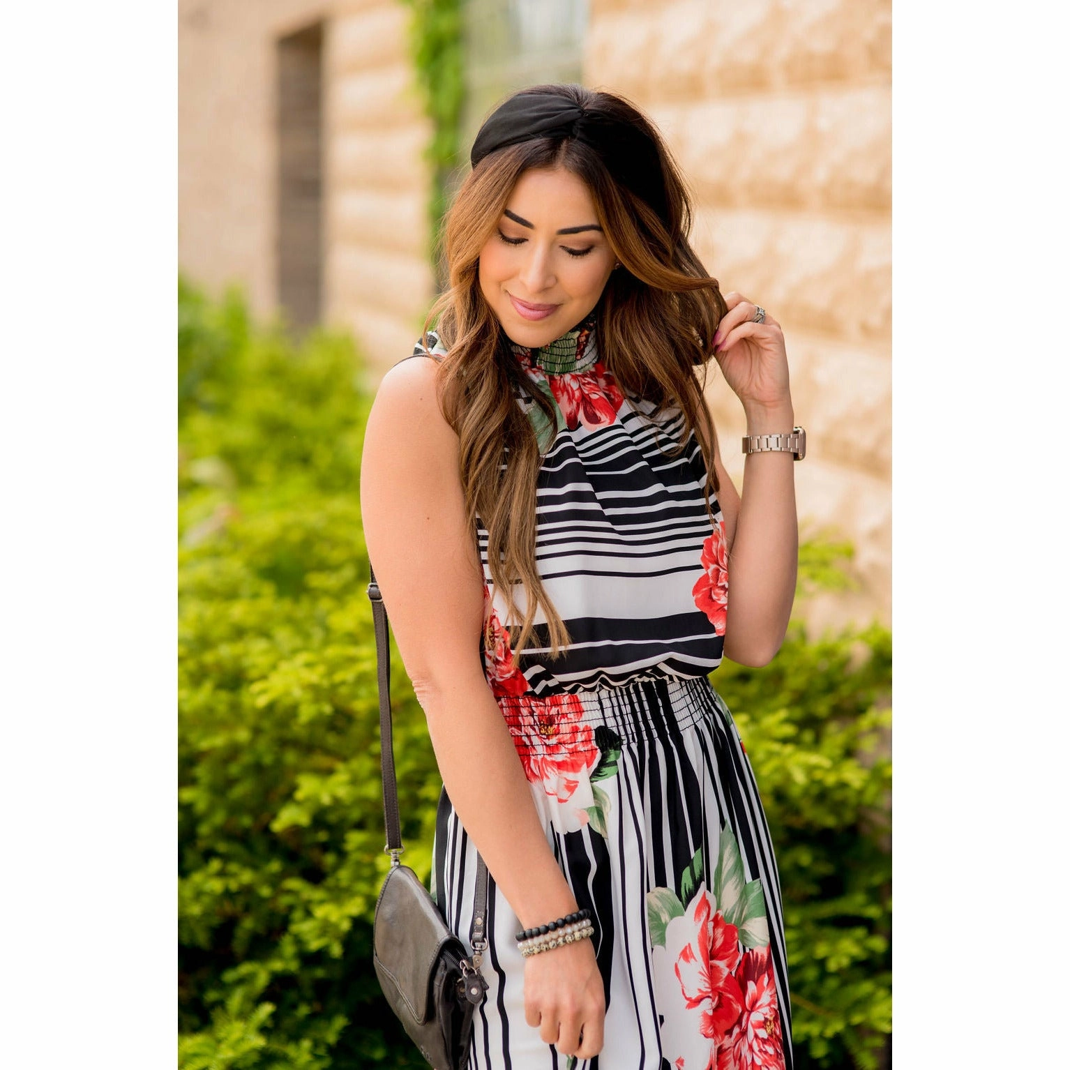 Floral Striped Ruffle Trim Tank Maxi HypoallergenicFiber