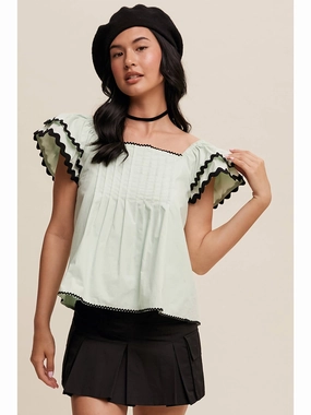 FlexibleCollarStructure NoTagLabel Flutter Ruffle Top with Contrast Stitch-Aqua Mint