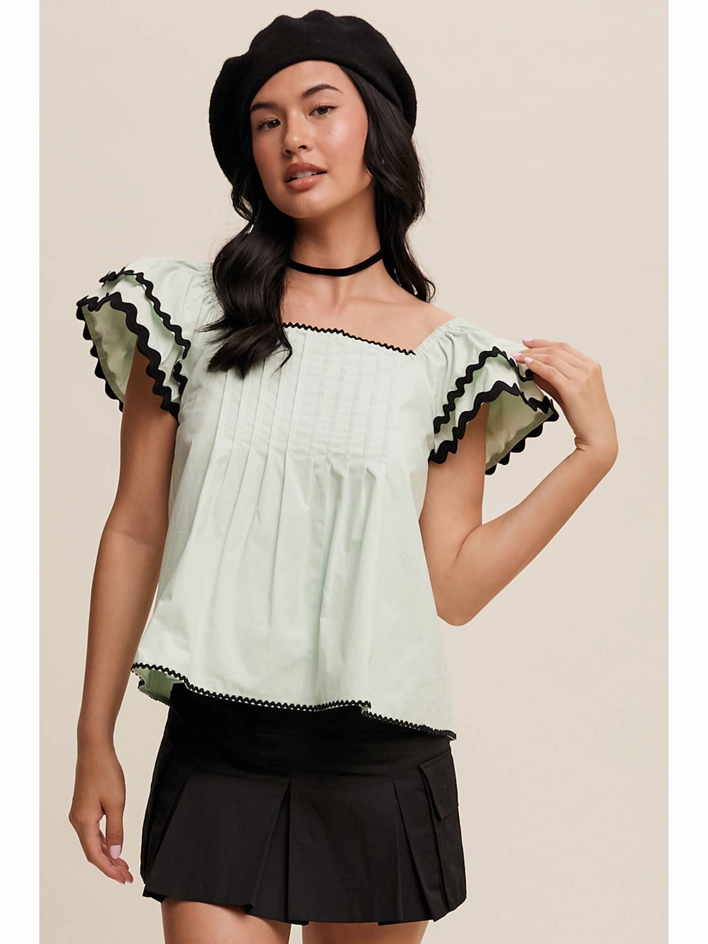 FlexibleCollarStructure NoTagLabel Flutter Ruffle Top with Contrast Stitch-Aqua Mint