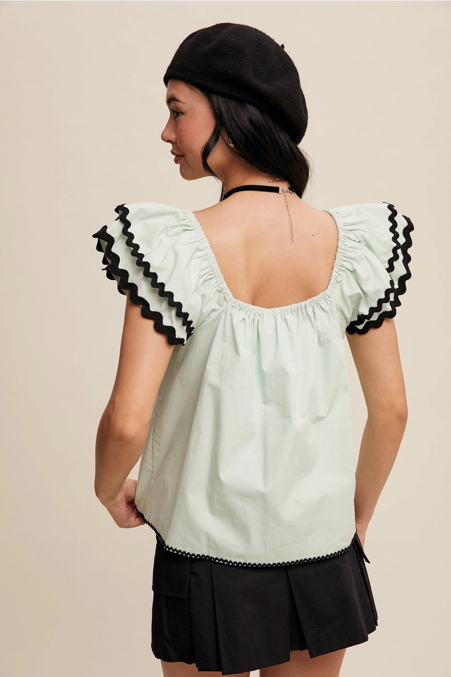 Flutter Ruffle Top with Contrast Stitch-Aqua Mint HighStretch RollUpSleeves
