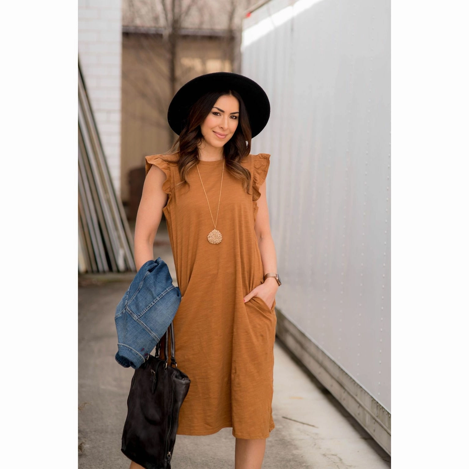 Flutter Sleeve Side Slit Midi Hidden Pocket Minimalist fit-and-flare