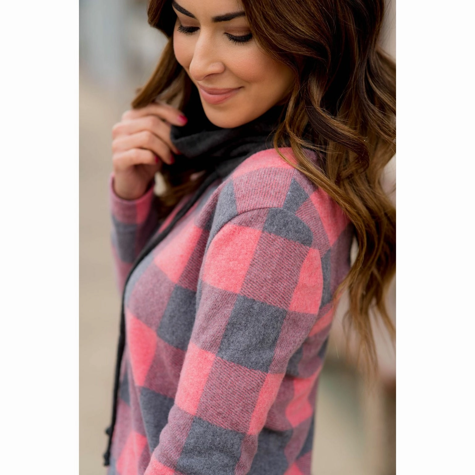Buffalo Plaid Flutter Bottom Cowl Neck Versatile Layer
