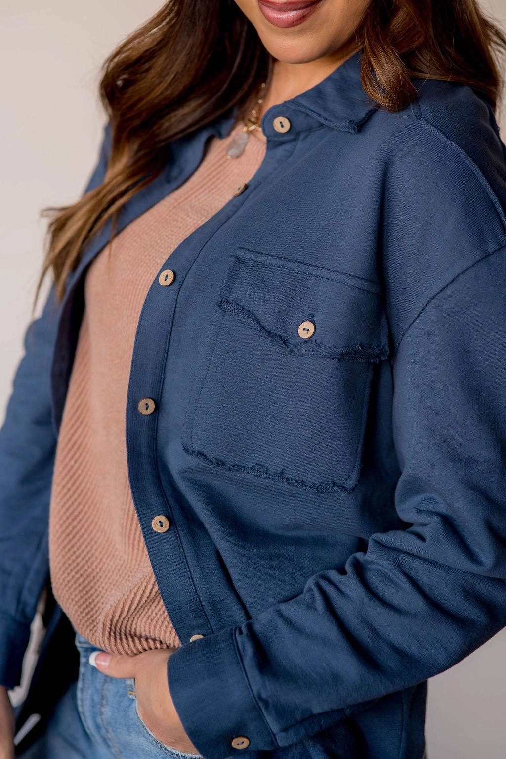 Non Restrictive Cut Basic Raw Edge Shacket