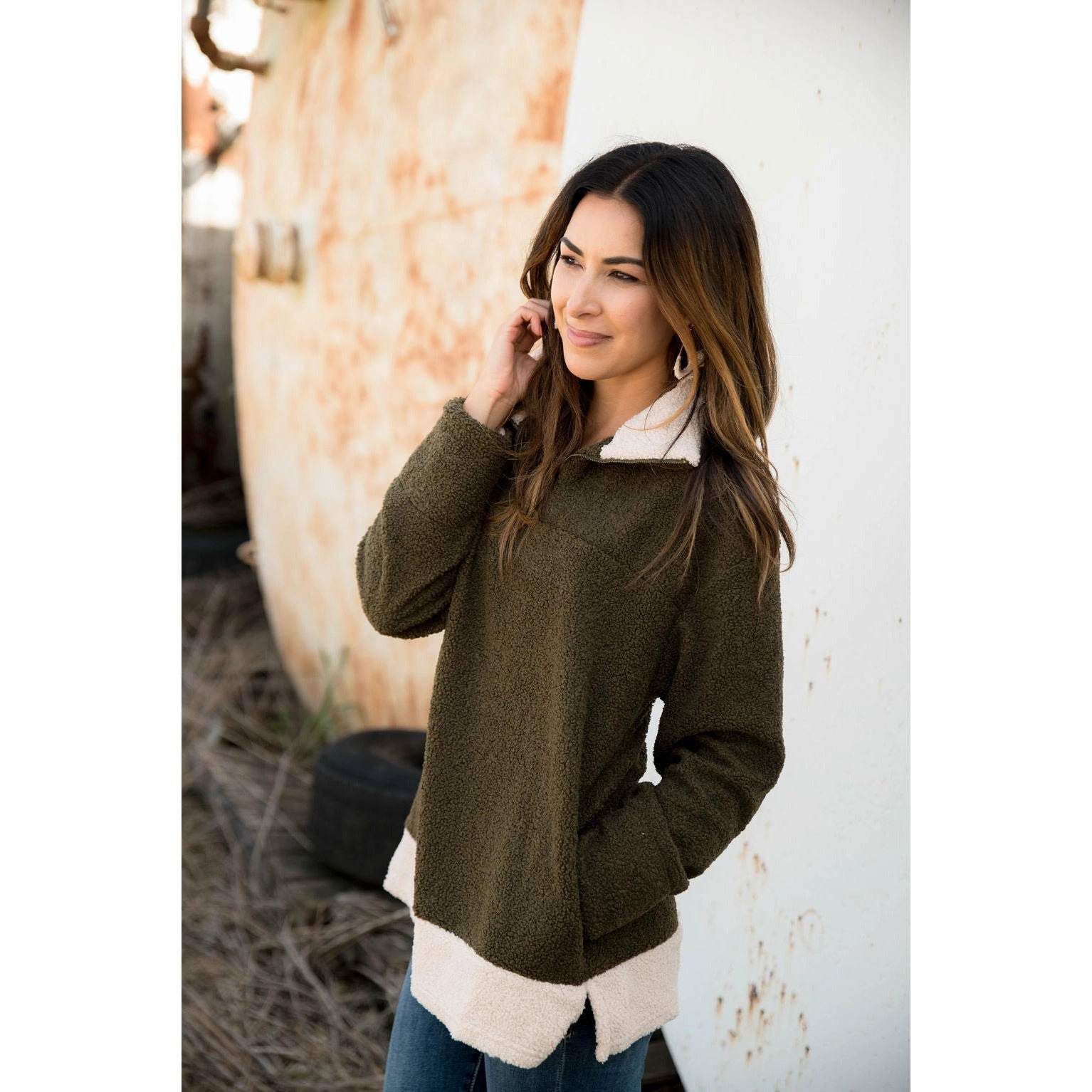 Ivory Bottom Sherpa Pullover Outdoor Hoodie wedding guest wear