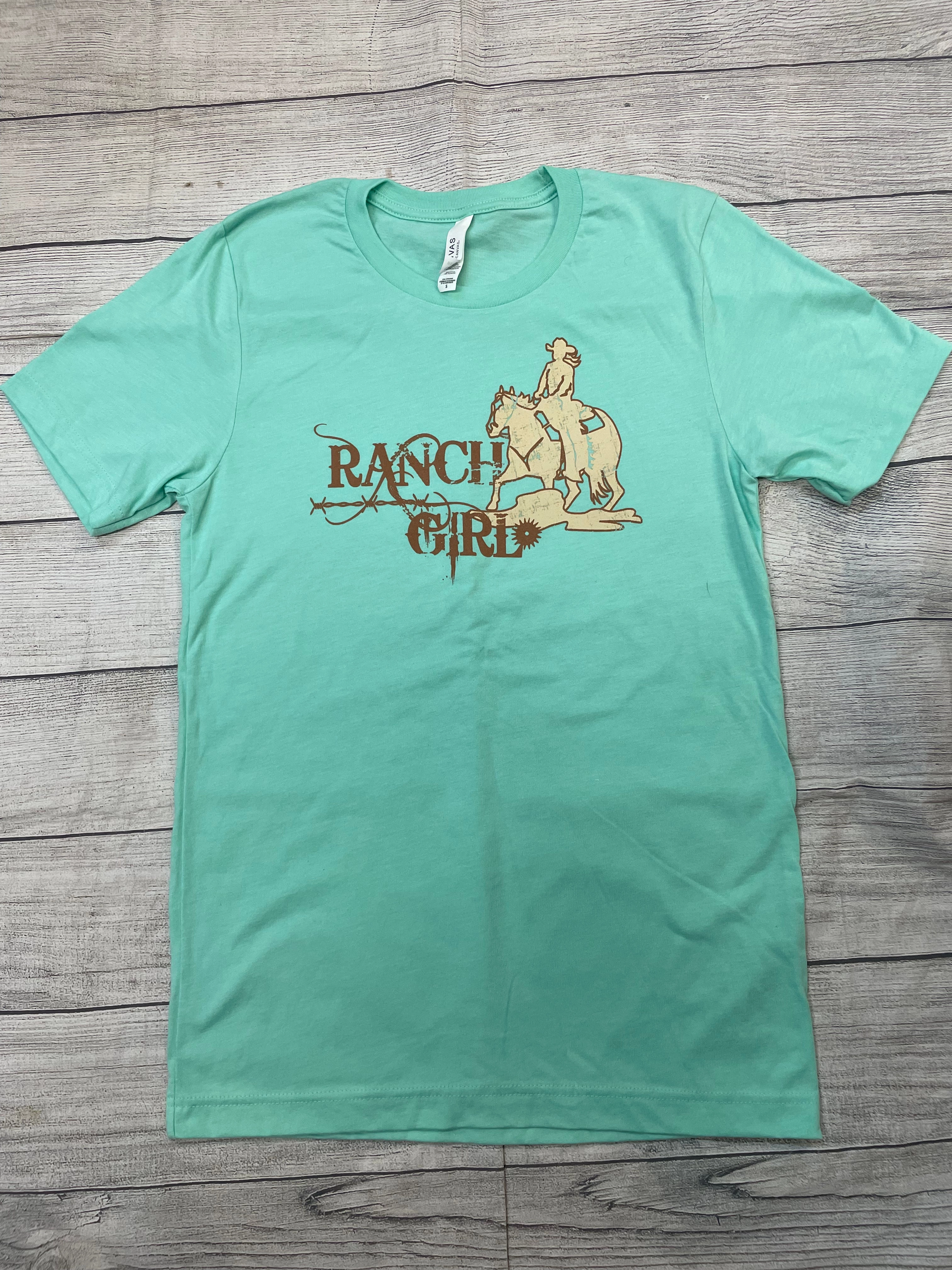 Ranch Girl T-Shirt- Teal Affordable Fashion Microfiber texture