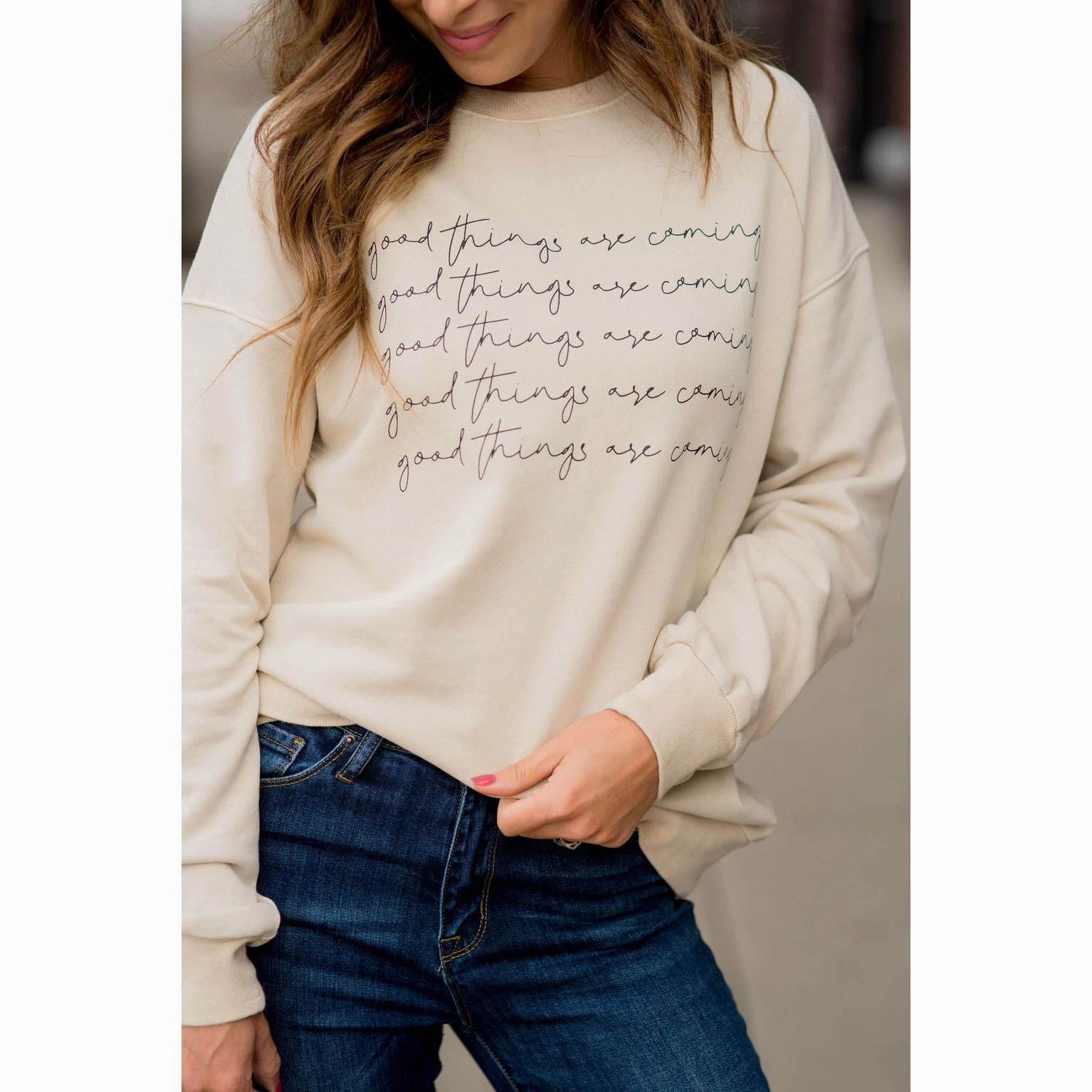 Good Things Are Coming Cursive Graphic Crewneck Cool Outfit