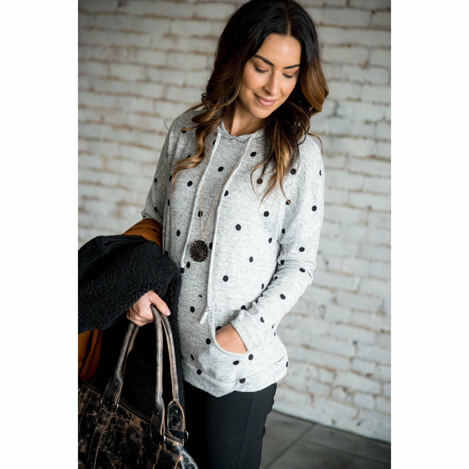 Comfortable Layers Grey/Black Polka Dot Hoodie