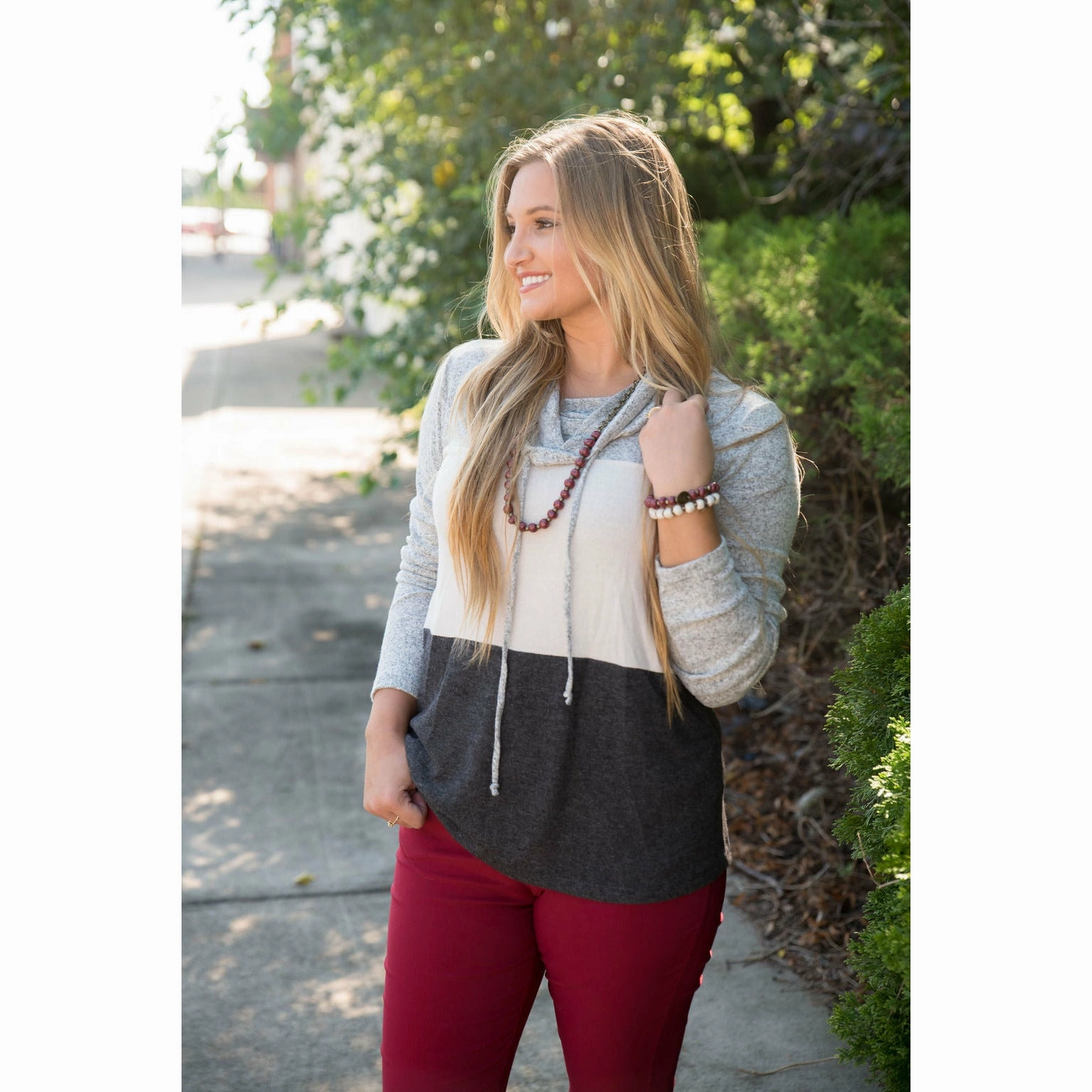 Grey Color Blocked Cowl Neck Sweatshirt Weekend Casual Warm Hues