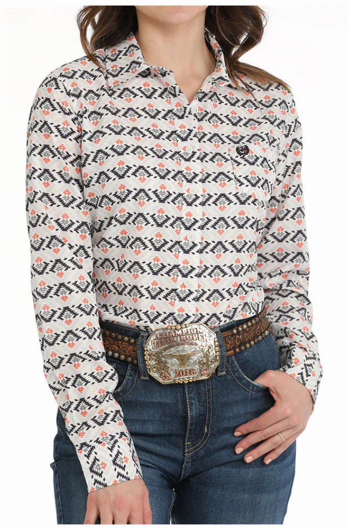 Cinch Women's ArenaFlex White Aztec Print Shirt Ribbed Hemline