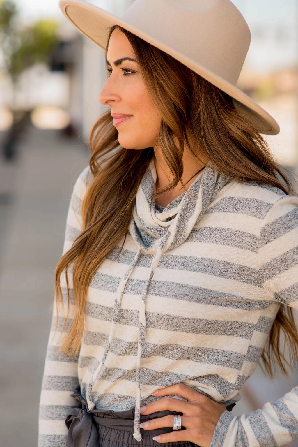 sequin Heathered Striped Cowl Neck Sweatshirt