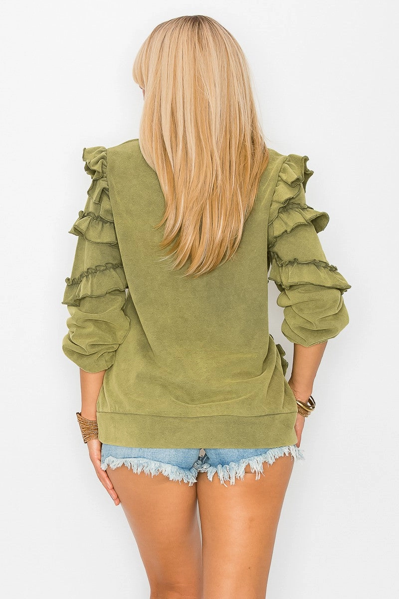 Anti Static Finish Ruffle Sleeve French Terry Washed Sweatshirt in Olive
