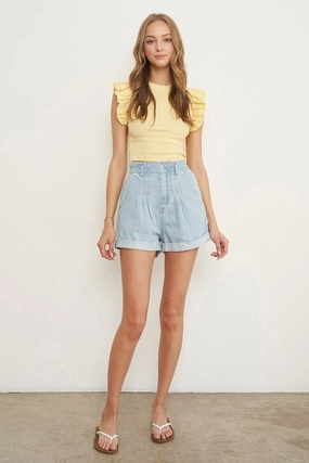 Noise Free Fabric High Rise Pleated Mom Denim Shorts