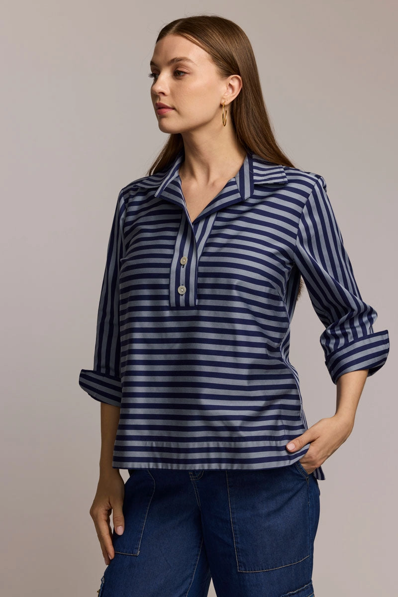 Hinson Wu Aileen Striped Button Back Blouse elegant design Essential Fit