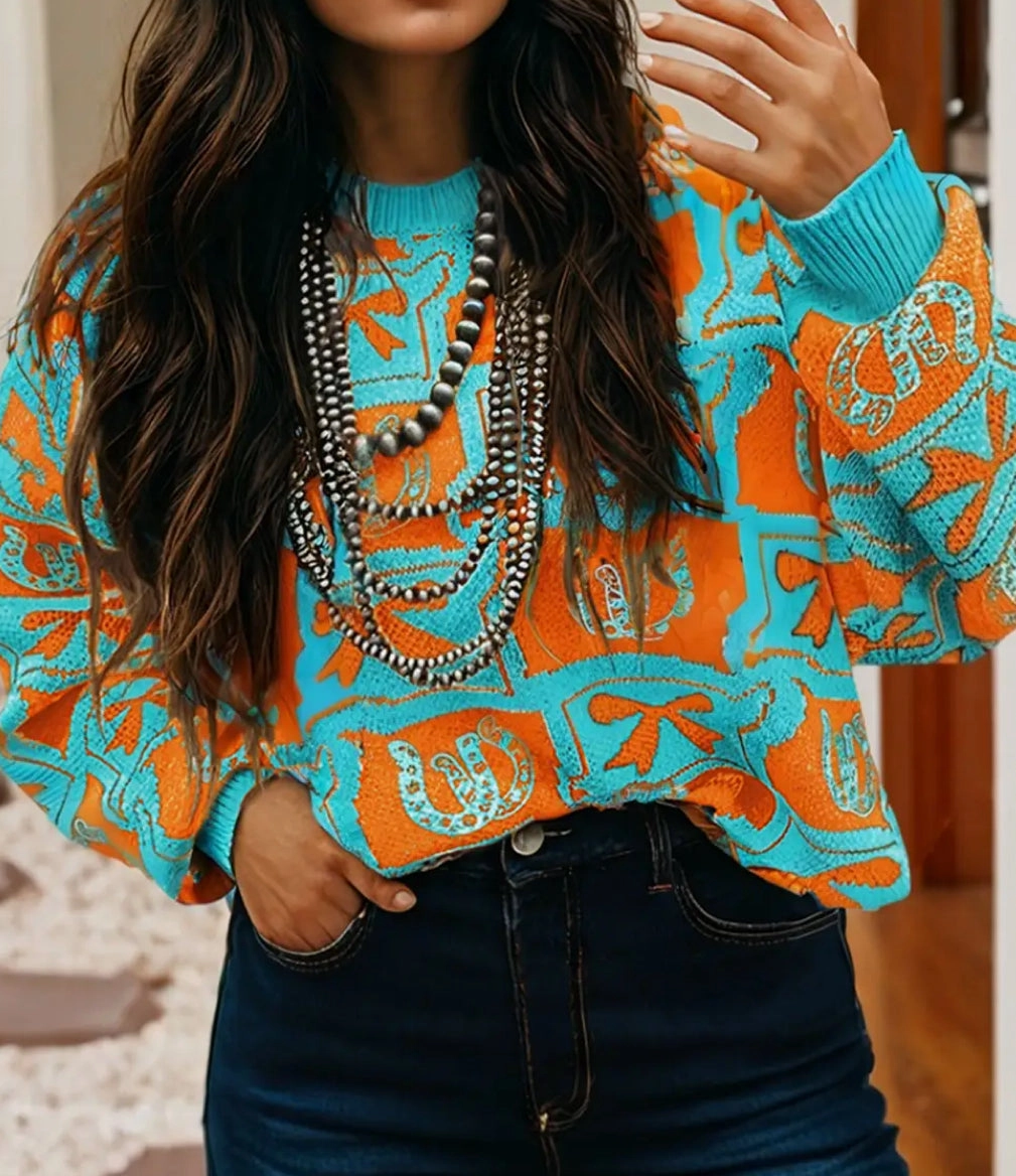 Soft Knit Horseshoe And Bow Orange & Blue Sweater