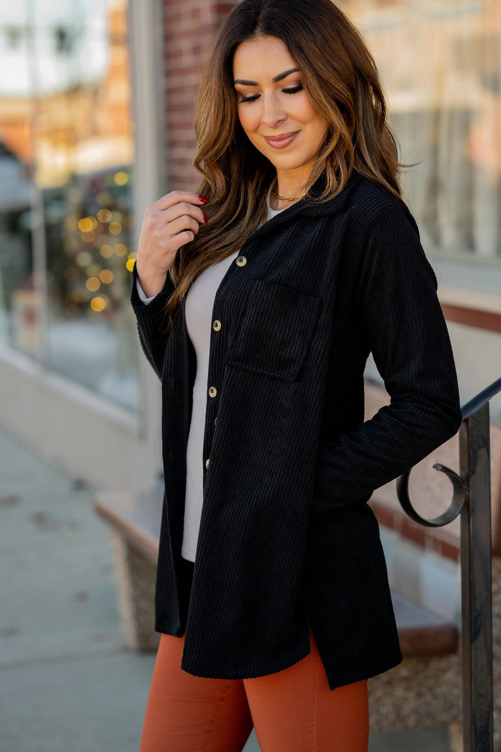 Simple Corded Side Slit Shacket Heat Retention Lining