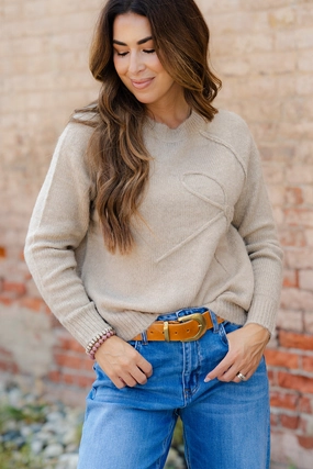 Knitted Look Knit Fabric Monochrome Stitched Bow Sweater