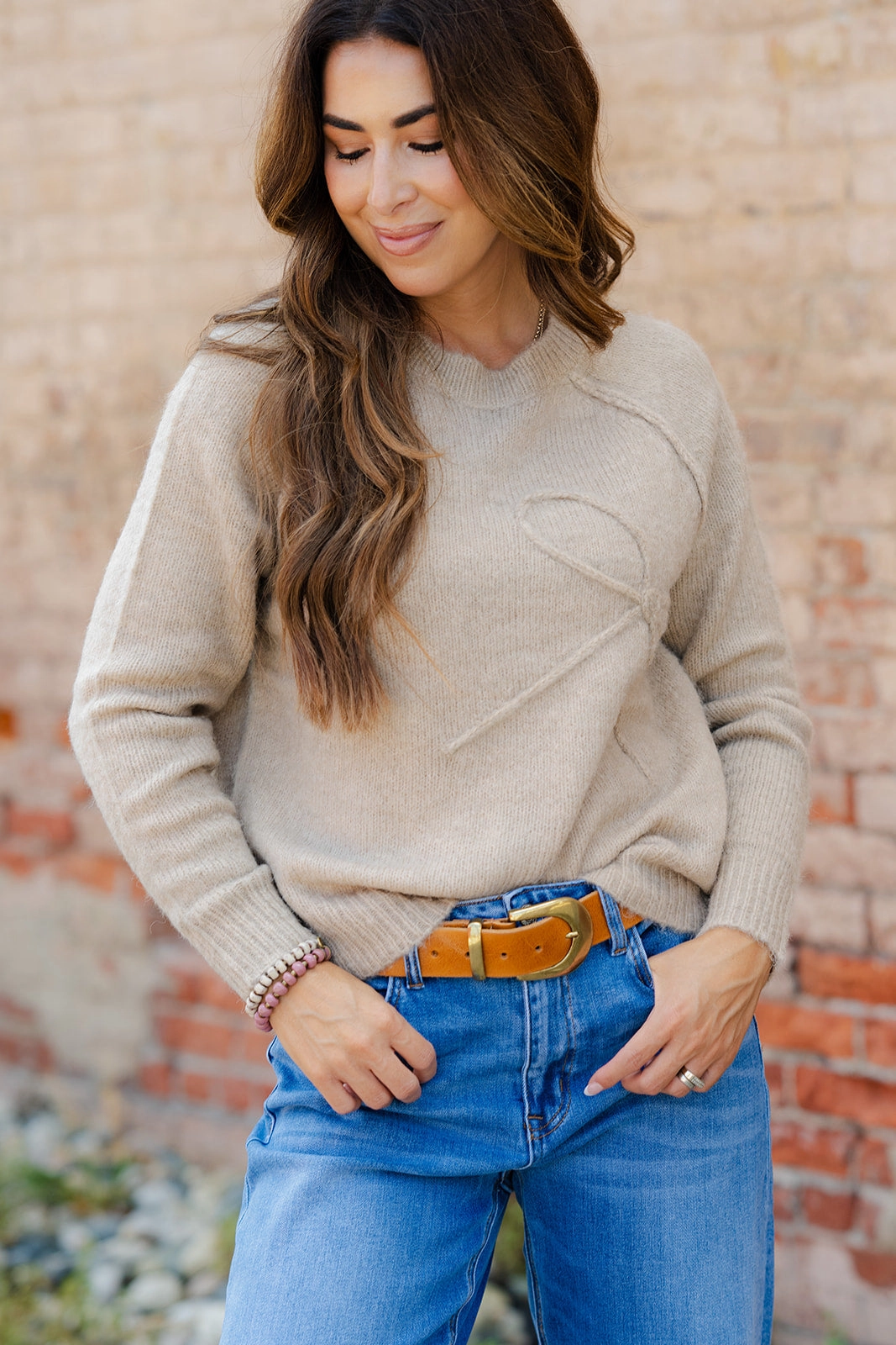 Knitted Look Knit Fabric Monochrome Stitched Bow Sweater