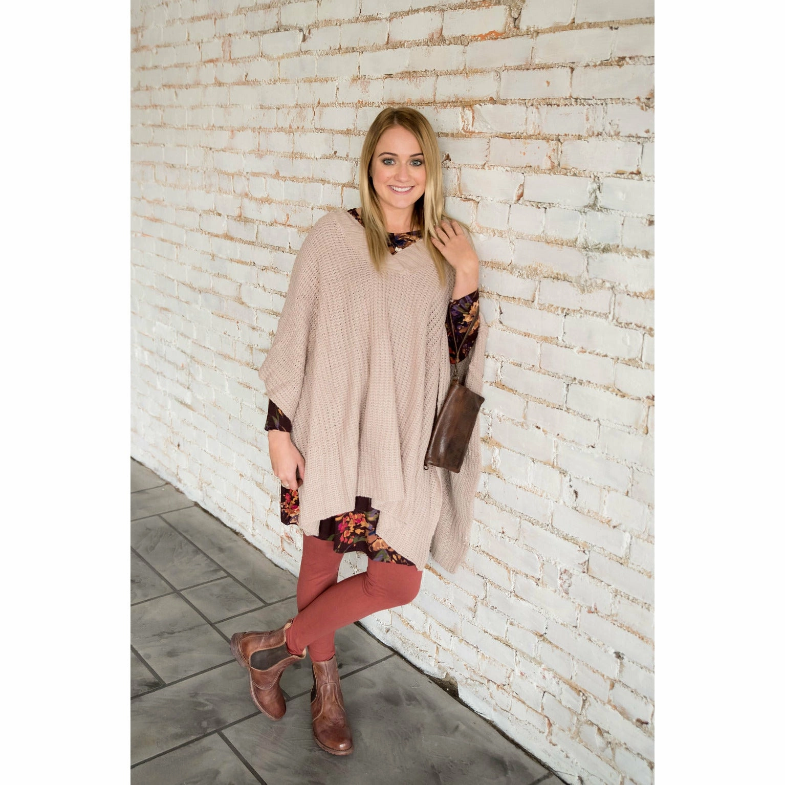 Knit V-Neck Pull Over Poncho Anti Static Weave