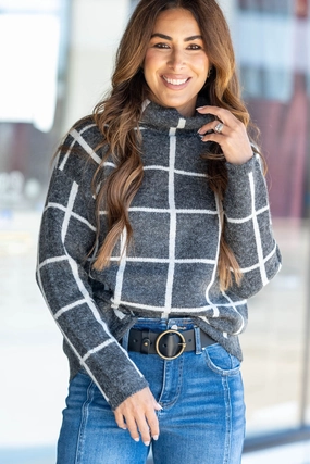 Odor Resistant Finish Stretchable Comfort Large Grid Cowl Neck Sweater