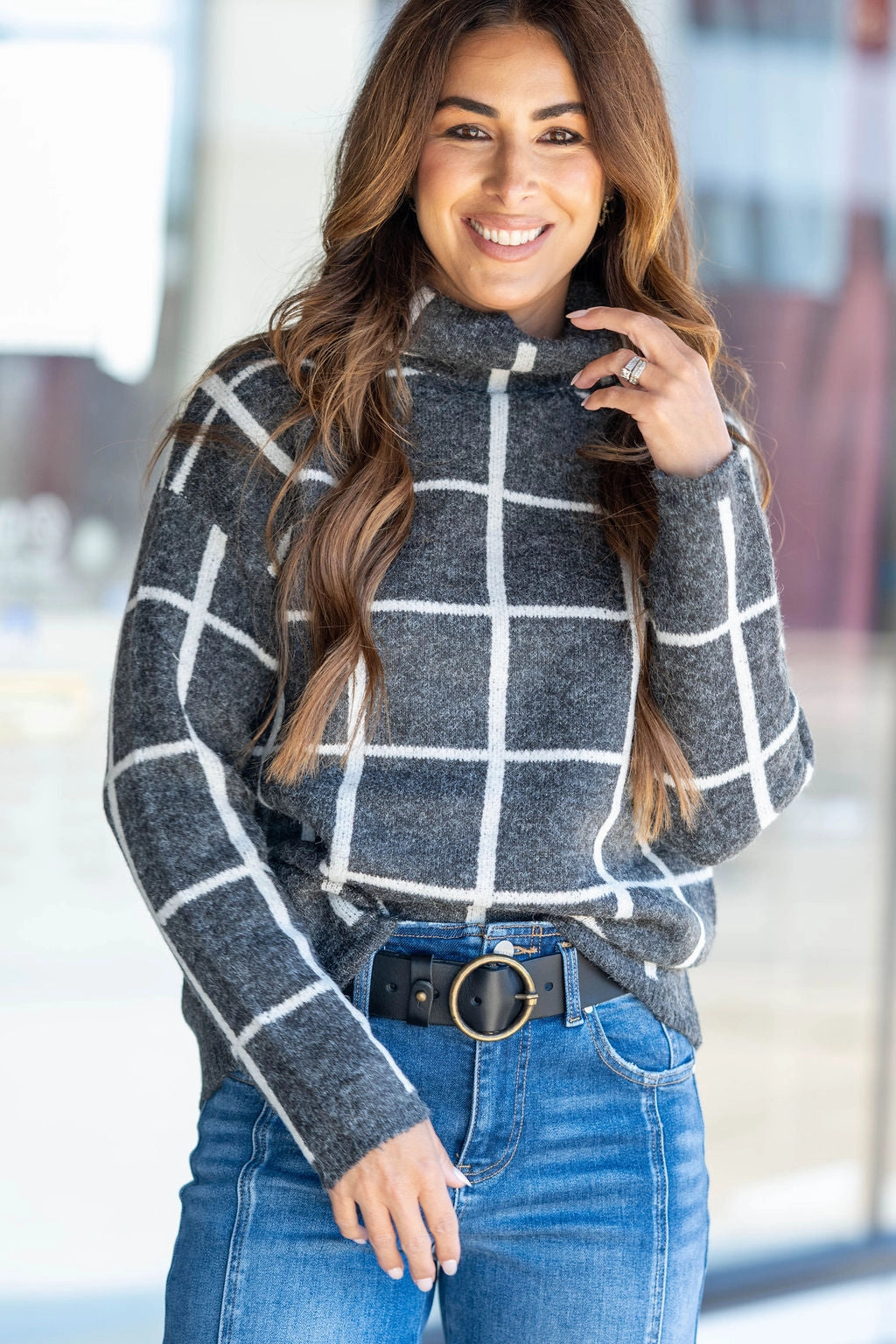 Odor Resistant Finish Stretchable Comfort Large Grid Cowl Neck Sweater