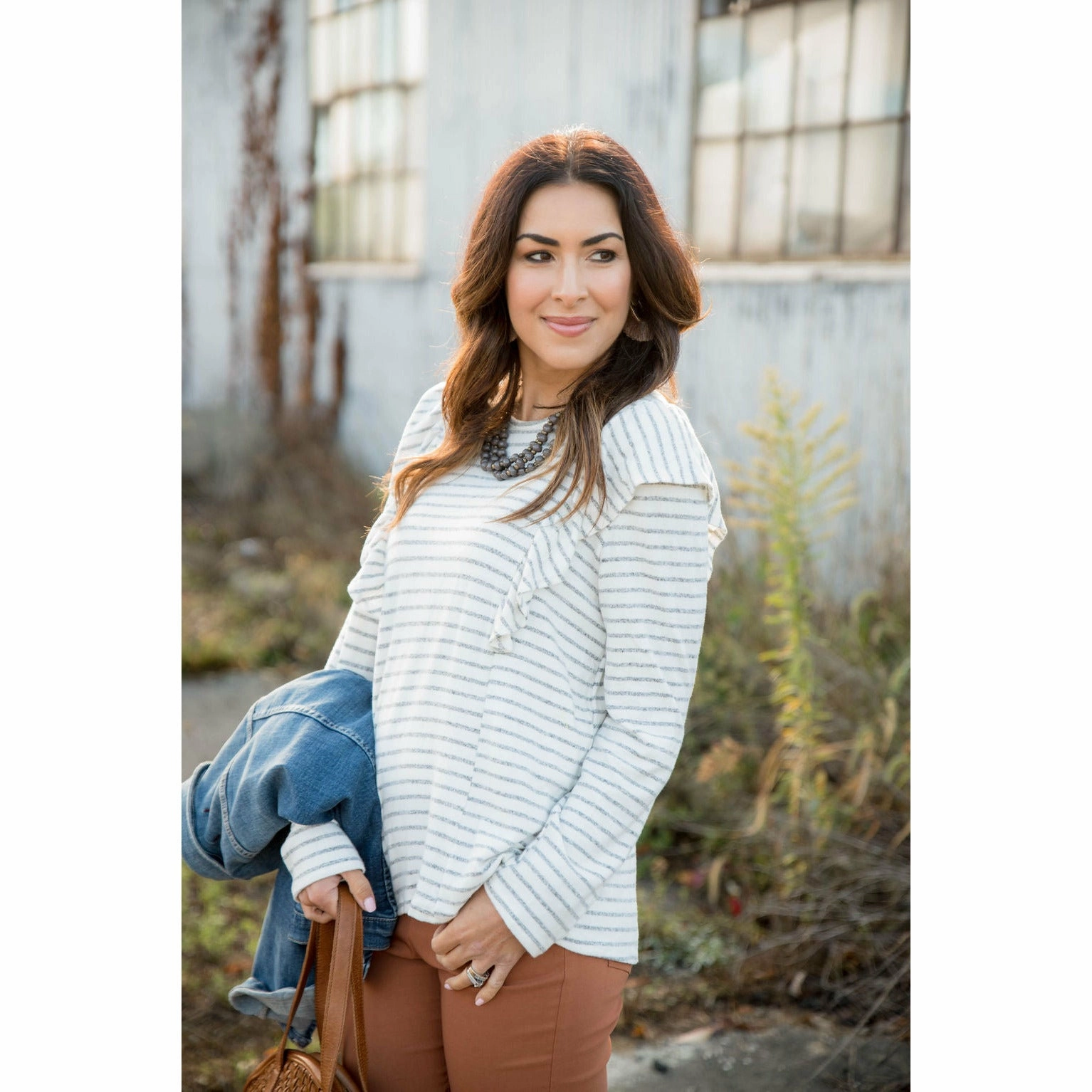 Striped Ruffle Trim Sweatshirt Timeless Relaxed dry cleanable