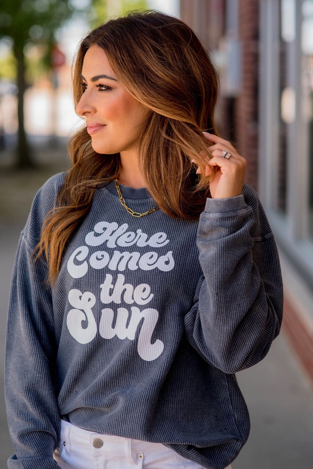 good for yoga Here Comes The Sun Ribbed Graphic Crewneck