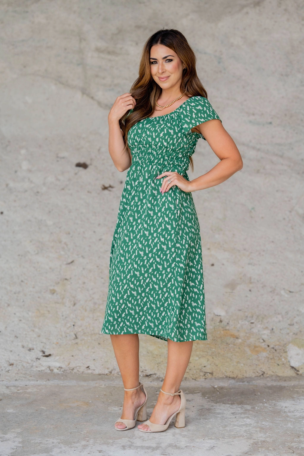 Smart Lines Brush Stroked Cinched Waist Midi Dress