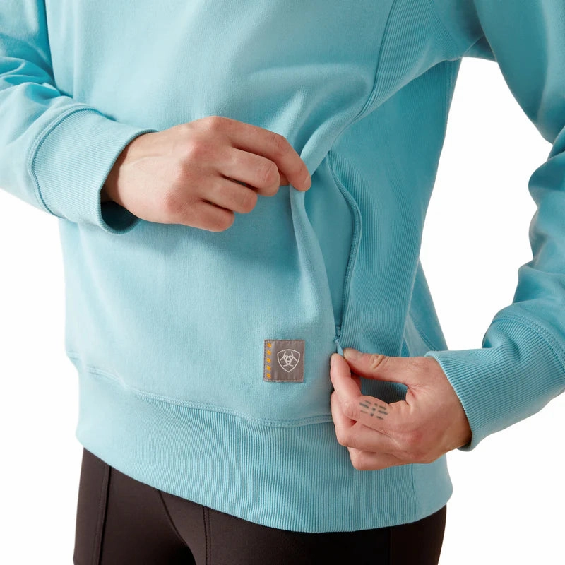 Contrast Stitching Accents Ariat Women's Rebar Fleece Crewneck Sweatshirt - Milky Blue